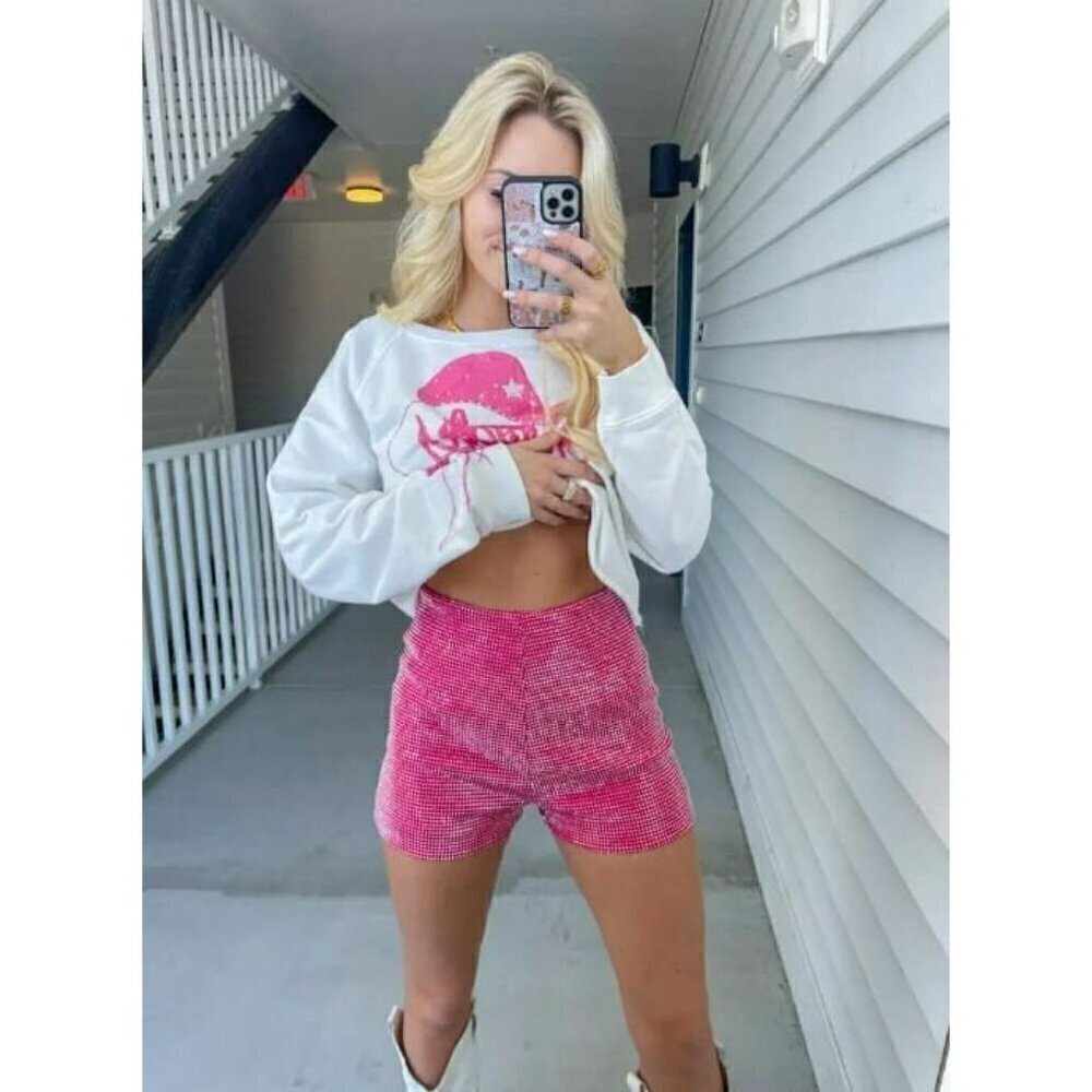 Got A Reputation High Waisted Rhinestone Diamond Shorts in Hot Pink - Picture 4 of 10